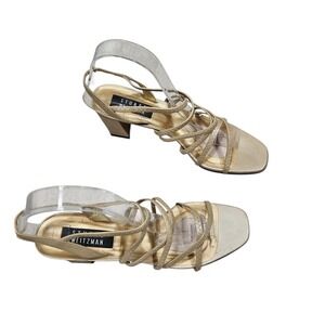 Stuart Weitzman Strappy Block Heels Square Toe Dress Sandals Minimalist Gold 8.5